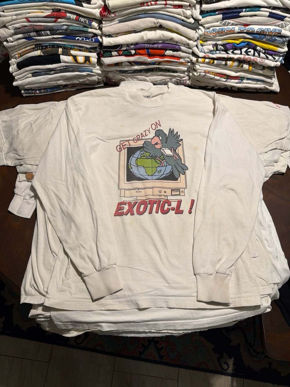 Vintage 1996 Exotic-L Nature Tech Bird Get Crazy Long Sleeve Tee White Large